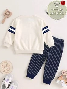 2pcs Baby Boys Sweatshirt Set Preppy Beige Navy Blue Bear Stripe Print Long Sleeve Loose Crew Neck Autumn Winter Fall Style School Gift,1 Random Set - Multicolor - View 2