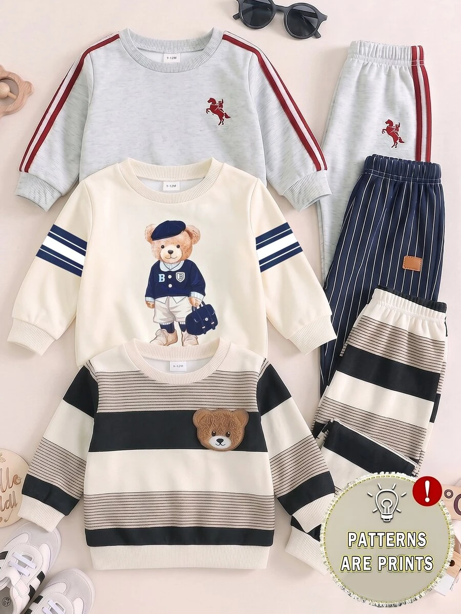 2pcs Baby Boys Sweatshirt Set Preppy Beige Navy Blue Bear Stripe Print Long Sleeve Loose Crew Neck Autumn Winter Fall Style School Gift,1 Random Set - Multicolor - View 1