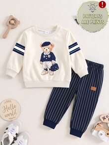 2pcs Baby Boys Sweatshirt Set Preppy Beige Navy Blue Bear Stripe Print Long Sleeve Loose Crew Neck Autumn Winter Fall Style School Gift,1 Random Set - Multicolor - View 4