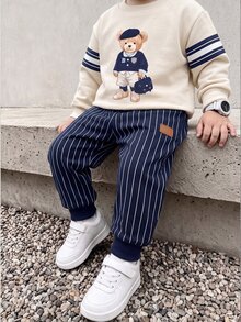 2pcs Baby Boys Sweatshirt Set Preppy Beige Navy Blue Bear Stripe Print Long Sleeve Loose Crew Neck Autumn Winter Fall Style School Gift,1 Random Set - Multicolor - View 3