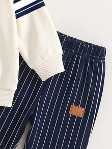 2pcs Baby Boys Sweatshirt Set Preppy Beige Navy Blue Bear Stripe Print Long Sleeve Loose Crew Neck Autumn Winter Fall Style School Gift,1 Random Set - Multicolor - View 5
