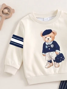 2pcs Baby Boys Sweatshirt Set Preppy Beige Navy Blue Bear Stripe Print Long Sleeve Loose Crew Neck Autumn Winter Fall Style School Gift,1 Random Set - Multicolor - View 6