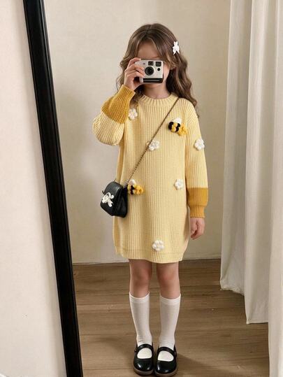 SHEIN Vintaside Kids Girls' Handmade Floral Knitted Dress, Round Neck Long Sleeve Lantern Sleeve Cute Elegant Pink Dress