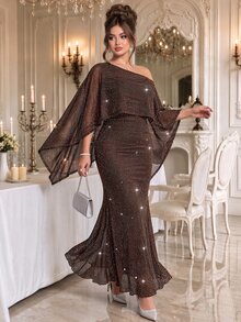 Roveilla Plus Size Sequin Silver Thread Fabric Top & Camisole Dress 2 Pieces Set, Party Style, New Year & Valentine's Day Outfit - Brown - View 4