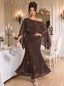 Roveilla Plus Size Sequin Silver Thread Fabric Top & Camisole Dress 2 Pieces Set, Party Style, New Year & Valentine's Day Outfit - Brown - View 5