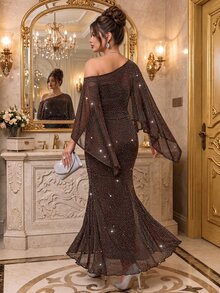 Roveilla Plus Size Sequin Silver Thread Fabric Top & Camisole Dress 2 Pieces Set, Party Style, New Year & Valentine's Day Outfit - Brown - View 2