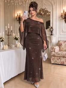 Roveilla Plus Size Sequin Silver Thread Fabric Top & Camisole Dress 2 Pieces Set, Party Style, New Year & Valentine's Day Outfit - Brown - View 3