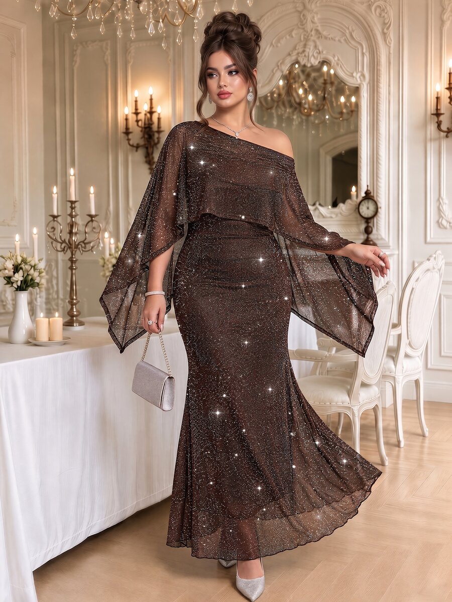 Roveilla Plus Size Sequin Silver Thread Fabric Top & Camisole Dress 2 Pieces Set, Party Style, New Year & Valentine's Day Outfit - Brown - View 1