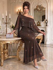 Roveilla Plus Size Sequin Silver Thread Fabric Top & Camisole Dress 2 Pieces Set, Party Style, New Year & Valentine's Day Outfit - Brown - View 6