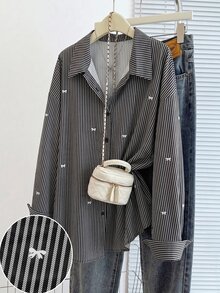 GlowEve CURVE 大尺碼女款條紋落肩長袖單排扣休閒襯衫 - 黑色 - 查看 1