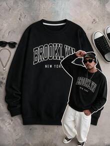 IslaSuriya Men Letter Graphic Thermal Lined Sweatshirt, Long Sleeve Top - Black - View 1