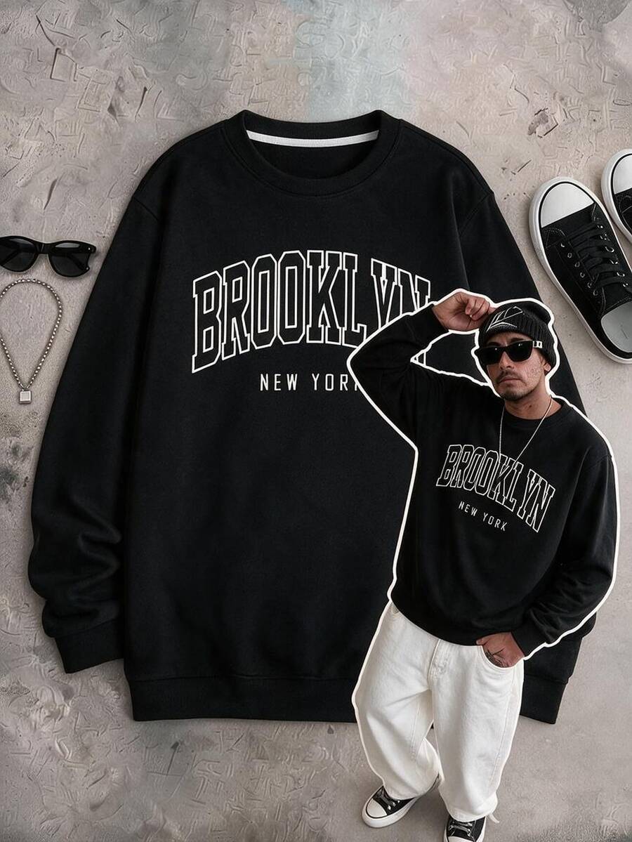 IslaSuriya Men Letter Graphic Thermal Lined Sweatshirt, Long Sleeve Top - Black - View 1