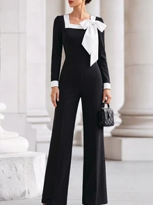 SHEIN Jumpsuit Rajut Wanita Hitam dengan Pita Kontras dan Leher Persegi, Pakaian Elegan dengan Kaki Lebar untuk Pesta Musim Semi dan Gugur, Cocok untuk Kantor - Hitam dan Putih - View 1
