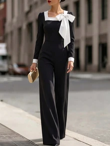 SHEIN Jumpsuit Rajut Wanita Hitam dengan Pita Kontras dan Leher Persegi, Pakaian Elegan dengan Kaki Lebar untuk Pesta Musim Semi dan Gugur, Cocok untuk Kantor - Hitam dan Putih - View 6