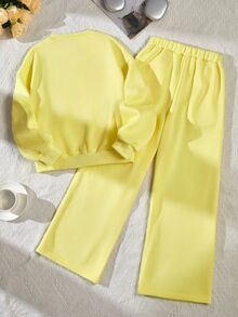 SHEIN Tween Girls Long Sleeve Fleece Fall Outfits Clothes Sweatshirt Set Back To School, Cute, School, Holiday Outfits - Yellow - View 4