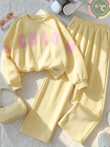 SHEIN Tween Girls Long Sleeve Fleece Fall Outfits Clothes Sweatshirt Set Back To School, Cute, School, Holiday Outfits - Yellow - View 2