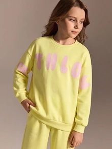 SHEIN Tween Girls Long Sleeve Fleece Fall Outfits Clothes Sweatshirt Set Back To School, Cute, School, Holiday Outfits - Yellow - View 6