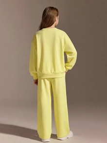 SHEIN Tween Girls Long Sleeve Fleece Fall Outfits Clothes Sweatshirt Set Back To School, Cute, School, Holiday Outfits - Yellow - View 7
