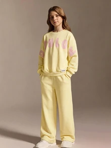 SHEIN Tween Girls Long Sleeve Fleece Fall Outfits Clothes Sweatshirt Set Back To School, Cute, School, Holiday Outfits - Yellow - View 1