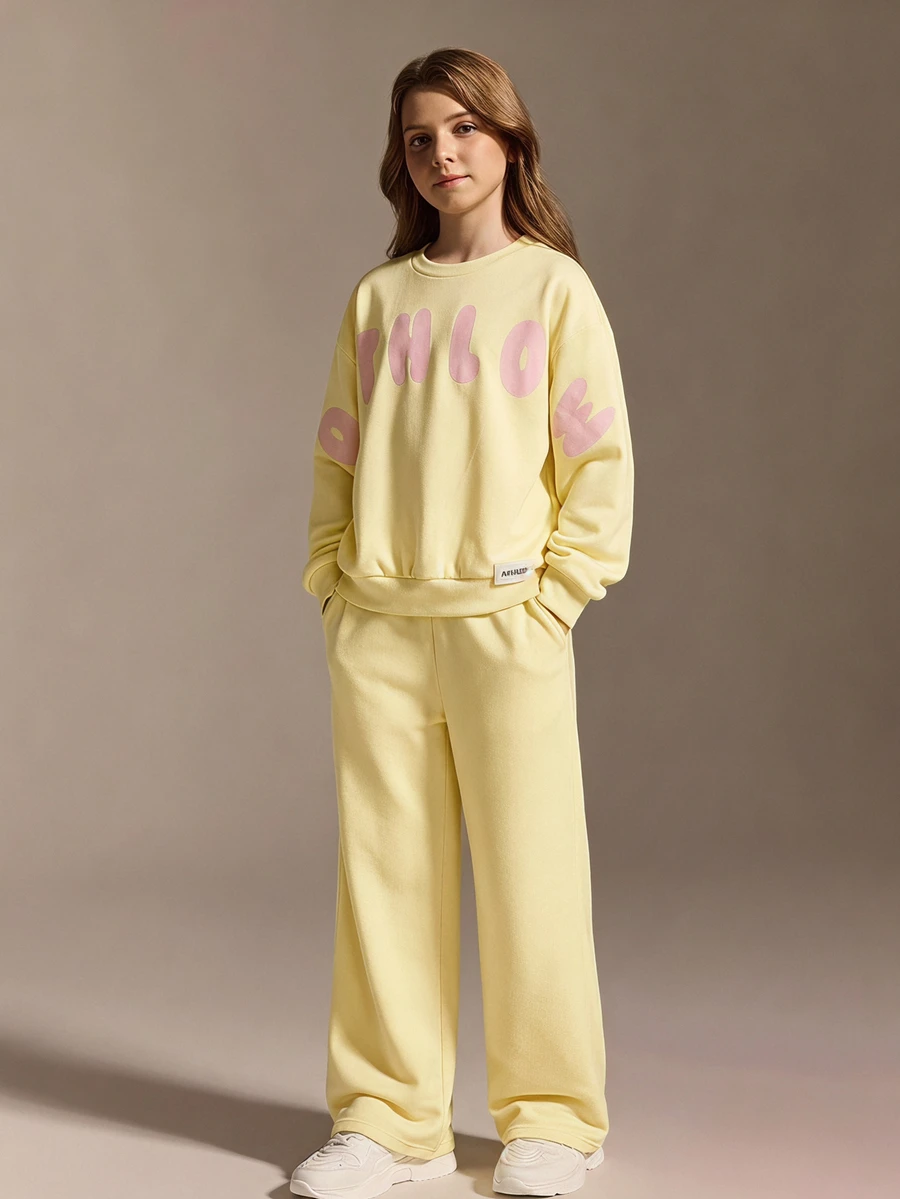 SHEIN Tween Girls Long Sleeve Fleece Fall Outfits Clothes Sweatshirt Set Back To School, Cute, School, Holiday Outfits - Yellow - View 1
