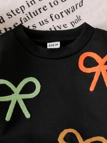 SHEIN 女嬰 2件組秋冬可愛彩色蝴蝶結圓領衛衣與寬鬆長褲套裝 幼兒休閒運動服套裝 秋季服飾 - 黑色 - 查看 6