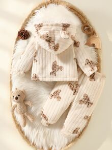 SHEIN 2pcs Newborn Baby Boys Girls Unisex Jacket Coat Pants Set Cute Apricot 3D Bear Ears Long Sleeve Hooded Thick Birthday Winter Fall Style Fuzzy Plush - Apricot - View 3