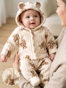 SHEIN 2pcs Newborn Baby Boys Girls Unisex Jacket Coat Pants Set Cute Apricot 3D Bear Ears Long Sleeve Hooded Thick Birthday Winter Fall Style Fuzzy Plush - Apricot - View 4