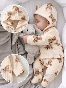 SHEIN 2pcs Newborn Baby Boys Girls Unisex Jacket Coat Pants Set Cute Apricot 3D Bear Ears Long Sleeve Hooded Thick Birthday Winter Fall Style Fuzzy Plush - Apricot - View 1