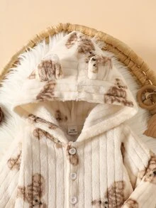 SHEIN 2pcs Newborn Baby Boys Girls Unisex Jacket Coat Pants Set Cute Apricot 3D Bear Ears Long Sleeve Hooded Thick Birthday Winter Fall Style Fuzzy Plush - Apricot - View 7
