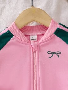 Young Girls Fashion Colorblock Letter Print Short Loose Fit Long Sleeve Stand Collar Zip-Up Motorcycle Baseball Jacket, Suitable For Autumn - Pink - View 6