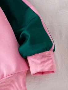 Young Girls Fashion Colorblock Letter Print Short Loose Fit Long Sleeve Stand Collar Zip-Up Motorcycle Baseball Jacket, Suitable For Autumn - Pink - View 8