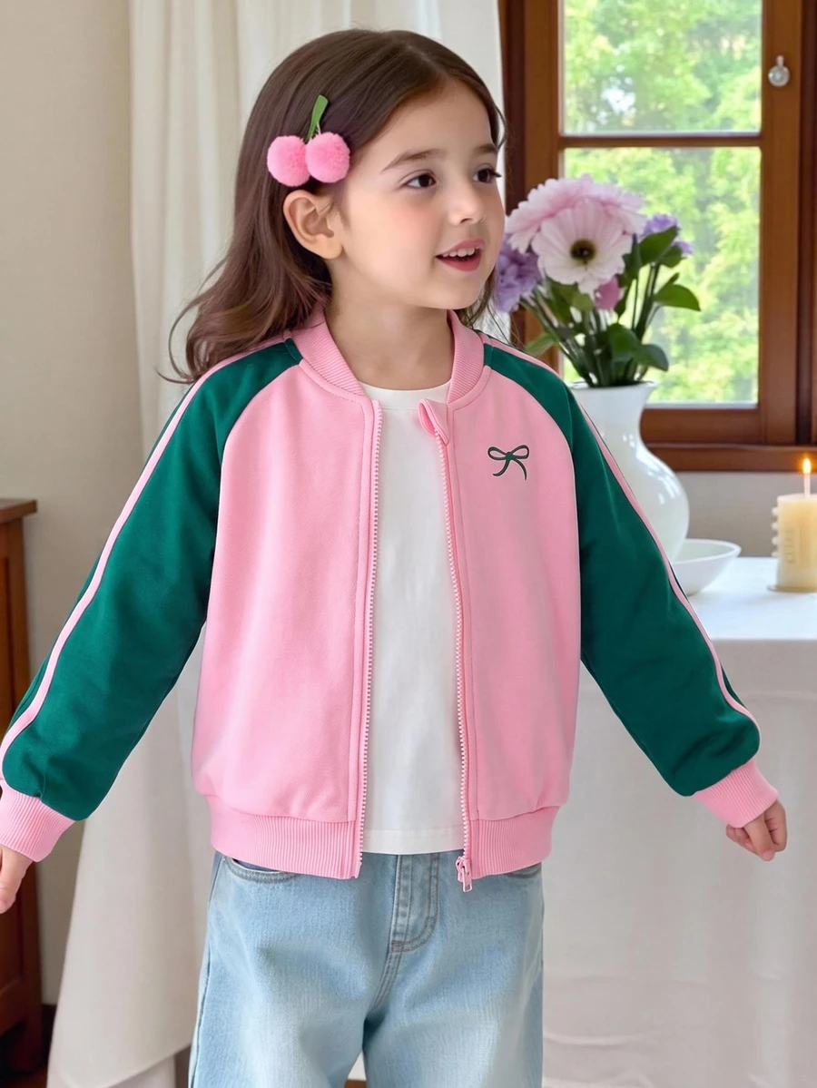 Young Girls Fashion Colorblock Letter Print Short Loose Fit Long Sleeve Stand Collar Zip-Up Motorcycle Baseball Jacket, Suitable For Autumn - Pink - View 1