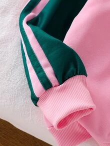 Young Girls Fashion Colorblock Letter Print Short Loose Fit Long Sleeve Stand Collar Zip-Up Motorcycle Baseball Jacket, Suitable For Autumn - Pink - View 4