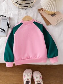 Young Girls Fashion Colorblock Letter Print Short Loose Fit Long Sleeve Stand Collar Zip-Up Motorcycle Baseball Jacket, Suitable For Autumn - Pink - View 2