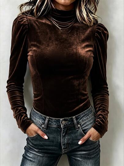 SHEIN Top elegant casual pentru femei, în nuanță închisă discretă, stil feminin, bază slim fit, cu guler halbăi și detaliu decorativ cu manșon bufant la umeri