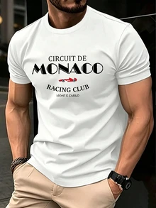 Neovey Men's Monaco Racing Club Graphic T-Shirt,Short Sleeve Round Neck Tee,Monaco Racetrack Print,Polyester Blend,White,Summer,Casual,Streetwear,City Break - White - View 3