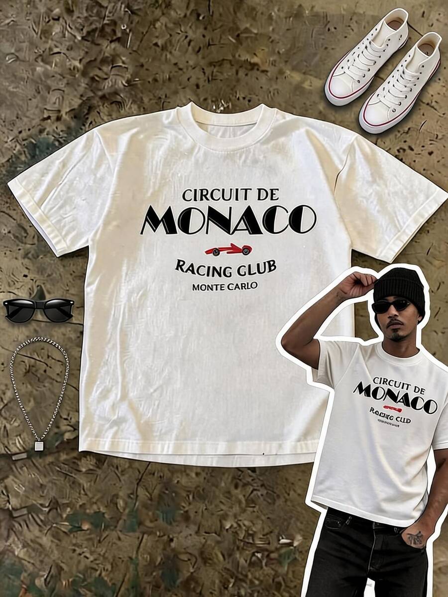 Neovey Men's Monaco Racing Club Graphic T-Shirt,Short Sleeve Round Neck Tee,Monaco Racetrack Print,Polyester Blend,White,Summer,Casual,Streetwear,City Break - White - View 1