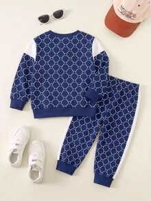 SHEIN 2件組小男孩休閒衛衣套裝 藍色拼色幾何皇冠印花 長袖圓領 秋季返校穿搭 - 彩色 - 查看 2