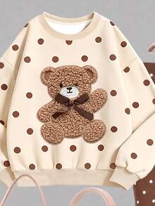 SHEIN Elladie kids 米棕色甜美女孩蝴蝶結熊貼花青少年可愛套頭抓絨衛衣刷毛內搭褲2件套，秋冬校園萬聖節穿搭 - 彩色 - 查看 4