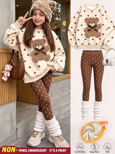 SHEIN Elladie kids لون الشوفان الدافئ، تطريز فيونكة دب حلوة الفتاة بنمط نقاط البولكا، طقم من قطعتين من سويتشيرت صوف ناعم مريح فضفاض بياقة دائرية وبنطلون ليقنز ناعم للفتاة المراهقة، مناسب للخريف/الشتاء والاستخدام اليومي والمدرسة وعيد الهالوين والعودة إلى المدرسة والموسم الجديد، بأسلوب أنثوي حلو