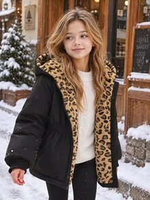 SHEIN Vintaside Kids 青少年女孩秋季外套 冬季復古圖案可愛黑白豹紋抓絨內裡拉鍊開襟連帽夾克 學生校服 - 黑色 - 查看 3