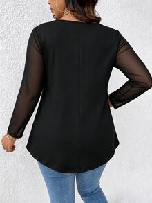 EMERY ROSE Plus Size Women's T-Shirt Elegant Sexy Casual Minimalist Commute Versatile Slimming Daily Mesh Patchwork Round Neck Design Long Sleeve Tee - Black - View 2
