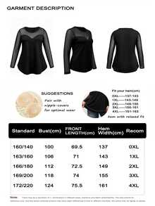 EMERY ROSE Plus Size Women's T-Shirt Elegant Sexy Casual Minimalist Commute Versatile Slimming Daily Mesh Patchwork Round Neck Design Long Sleeve Tee - Black - View 4