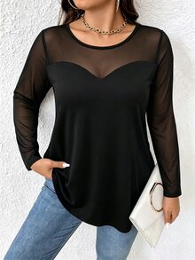 EMERY ROSE Plus Size Women's T-Shirt Elegant Sexy Casual Minimalist Commute Versatile Slimming Daily Mesh Patchwork Round Neck Design Long Sleeve Tee - Black - View 3