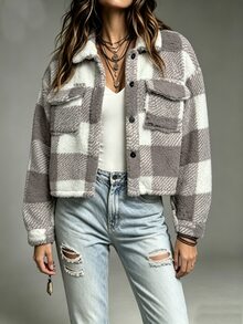 SHEIN 女款前開鈕扣口袋長袖夾克 - 灰色 - 查看 4