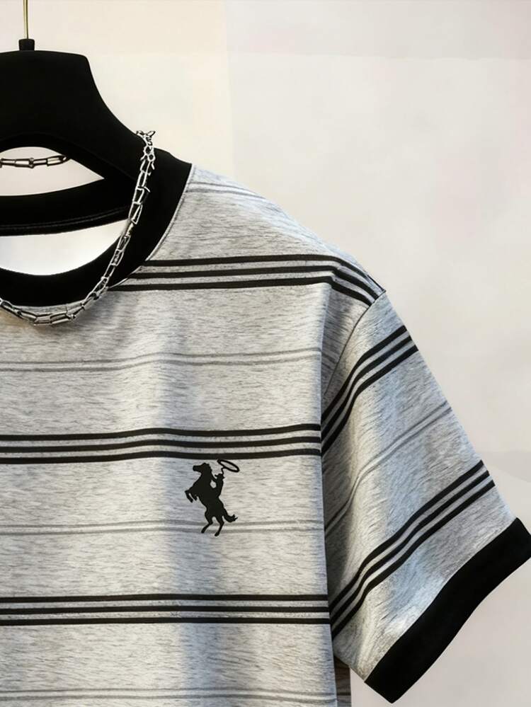 Neovey Men's Round Neck T-Shirt With Striped Print, Black Horse Embroidery, Comfortable Casual Tee - Multicolor - View 4