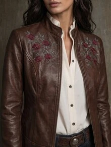 LUMIGAL Women's Floral Print Zipper Casual Versatile Daily Wear Long Sleeve Jacket - Coffee Brown - View 4