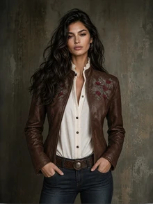 LUMIGAL Women's Floral Print Zipper Casual Versatile Daily Wear Long Sleeve Jacket - Coffee Brown - View 5