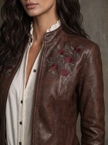 LUMIGAL Women's Floral Print Zipper Casual Versatile Daily Wear Long Sleeve Jacket - Coffee Brown - View 3