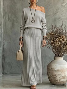 SHEIN Raffinéa طقم كنزة نسائية بأكمام طويلة وكتف غير متماثل فضفاضة، طقم كاجوال محبوك من قطعتين للخريف/الشتاء، تنورة وكنزة رمادية فاتحة فضفاضة عصرية متعددة الاستخدامات مضلعة من قطعتين - رمادي - مشاهدة 1